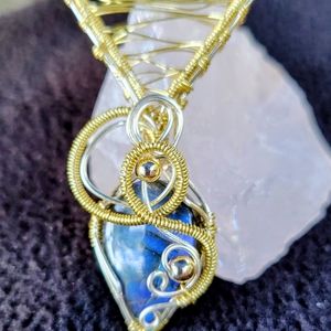 Artisanal Wire Wrapped & Woven Blue Fire Teardrop Labradorite Crystal Pendant